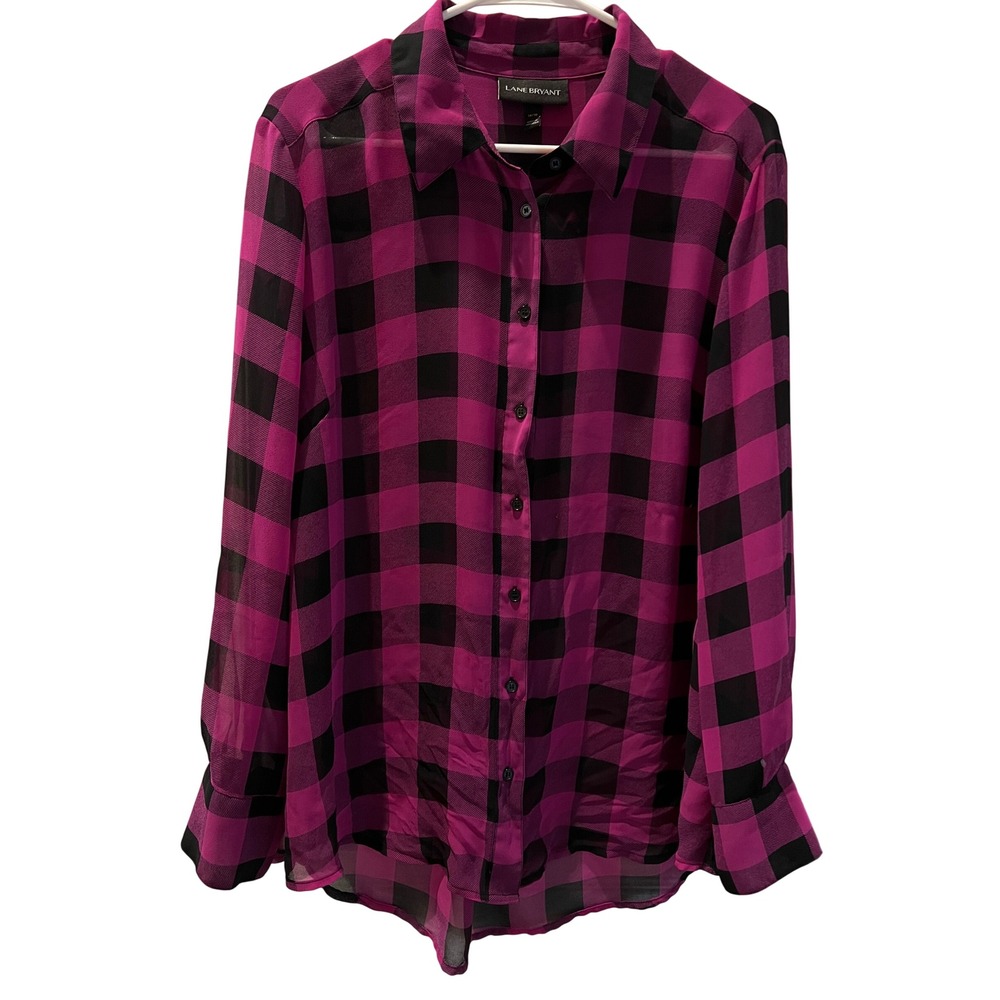 Lane Bryant Purple Black Buffalo Plaid Sheer Button Down Blouse Plus Size 14/16
